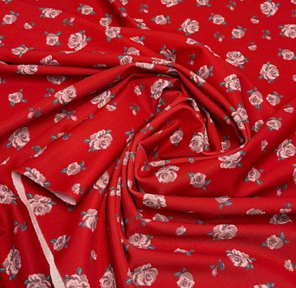 4 Way Stretch Print Nylon Spandex Fabric By The Yard Tricot Swim Wear Bikini Active Wear Small Flower Floral Red Mauve Rose