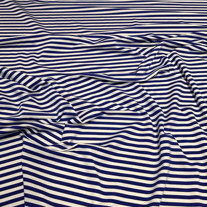 4 Way Stretch Print Nylon Spandex Fabric By The Yard Tricot Swim Wear Bikini Active Wear 1/4 Inch Classic Stripe Royal Blue White