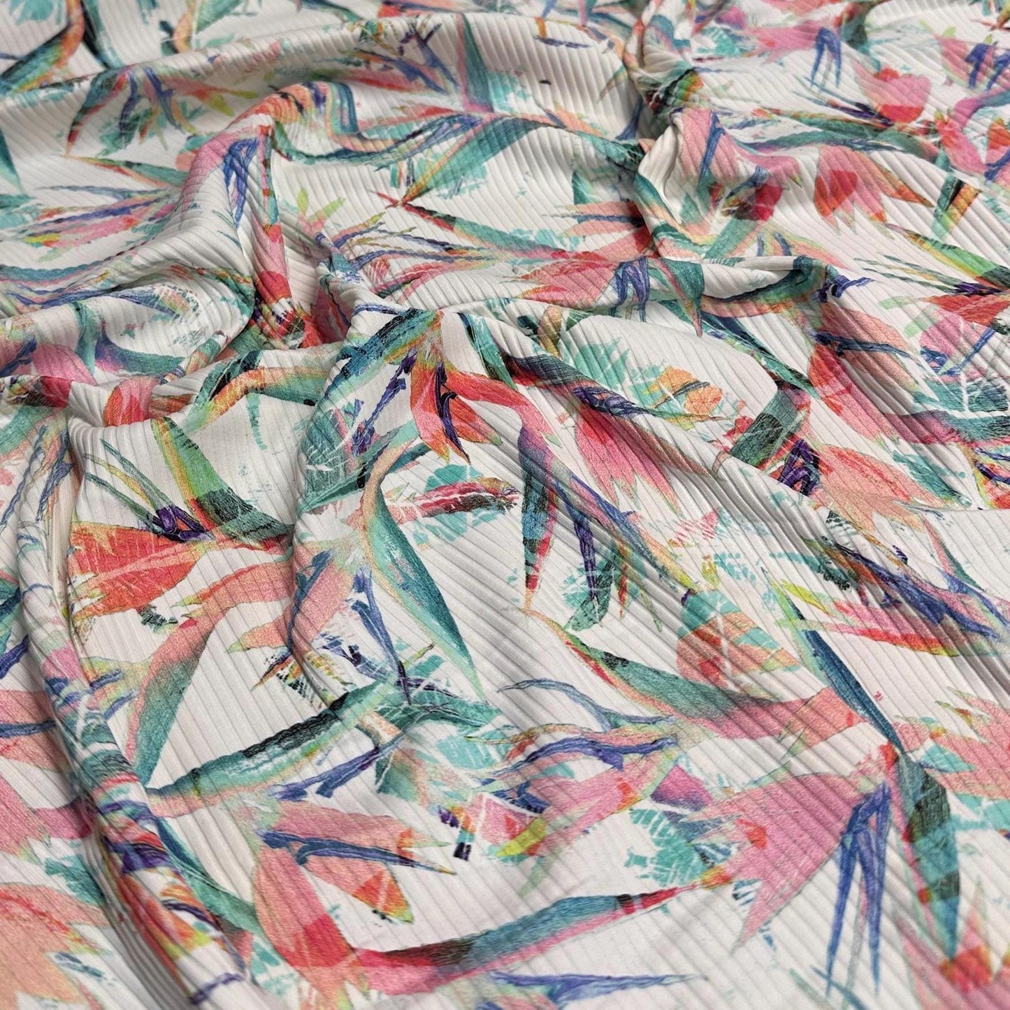 4 Way Stretch Print Rib Nylon Spandex Fabric By The Yard Tricot Swim Wear Bikini Active Wear Bird of Paradise Leaf Tropical Tree