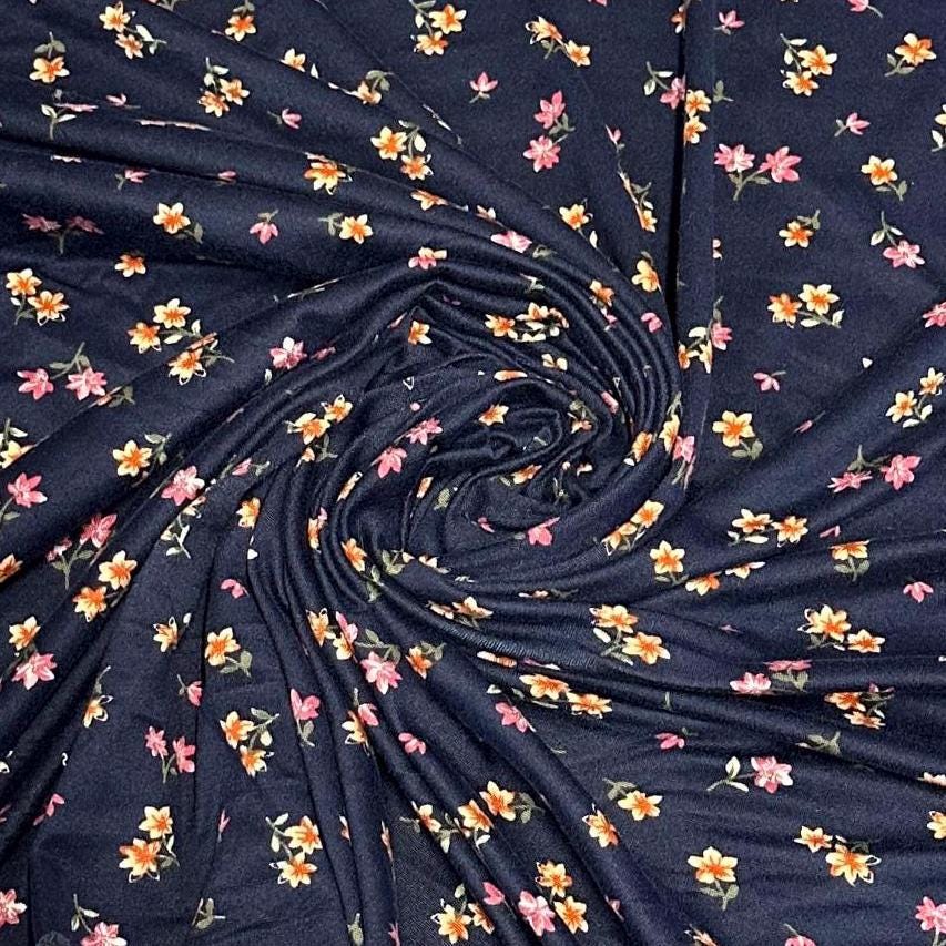 DBP Double Brushed Poly Spandex Print Ditsy Flower Vintage Mini Floral Print By The Yard Navy