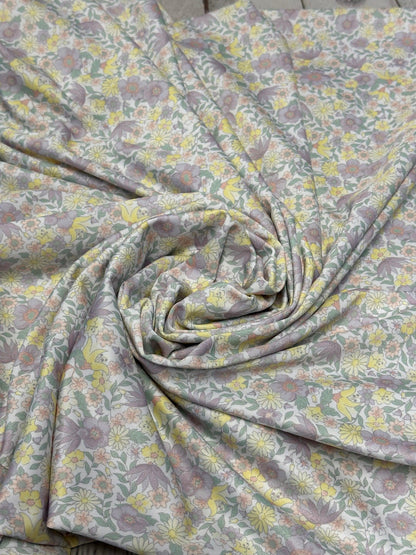 4 Way Stretch Tricot Print Spandex Fabric By The Yard Tricot Swim Wear Bikini Soft Pastel Small Ditsy Flower Foral Lilac Yellow Daisy