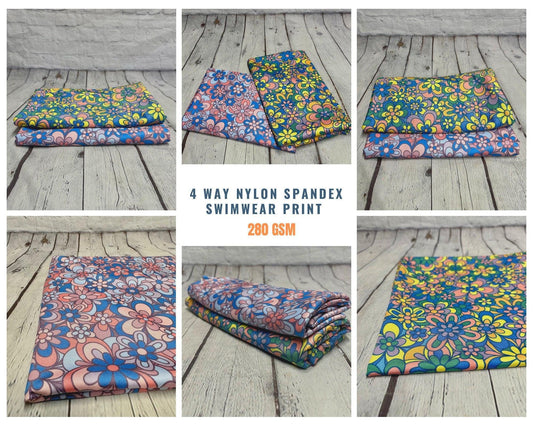 4 Way Stretch Print Nylon Spandex Fabric By The Yard Tricot SwimWear Bikini Active Wear Multi Color Floral Flower Vintage  280 GSM