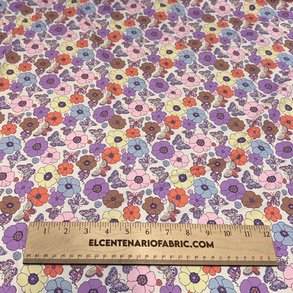 4 Way Stretch Print Nylon Spandex Fabric By The Yard  Swim Wear Bikini Active White Multicolor Daisy Butterfly 70s Retro Vintage