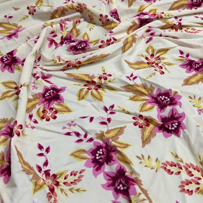 4 Way Stretch Print Nylon Spandex Fabric By The Yard Tricot Swim Wear Bikini Active Wear White  Magenta Floral Tropical Flower Print