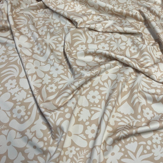 4 Way Stretch Print Spandex Fabric By The Yard Tricot Swim Wear Bikini Abstract Hibiscus Flower Tropical Leaf Floral Nude Beige
