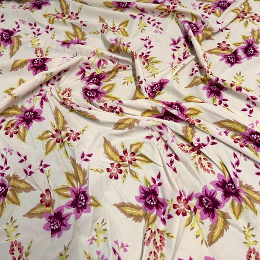 4 Way Stretch Print Nylon Spandex Fabric By The Yard Tricot Swim Wear Bikini Active Wear White  Magenta Floral Tropical Flower Print
