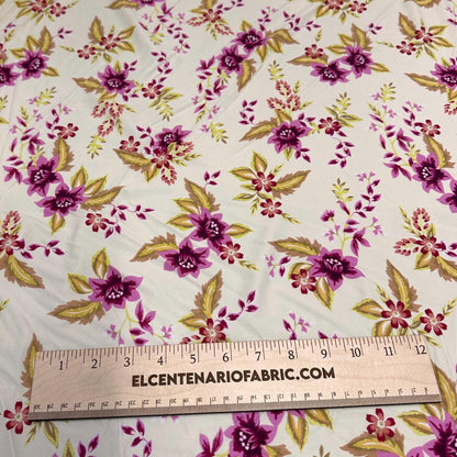 4 Way Stretch Print Nylon Spandex Fabric By The Yard Tricot Swim Wear Bikini Active Wear White  Magenta Floral Tropical Flower Print
