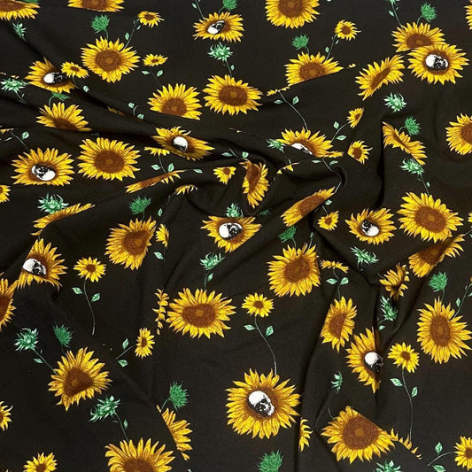 Heavy Weight Cotton Spandex 4 Way Stretch Sunflower Skull Gothic Print Fabric By The Yard 240 GSM