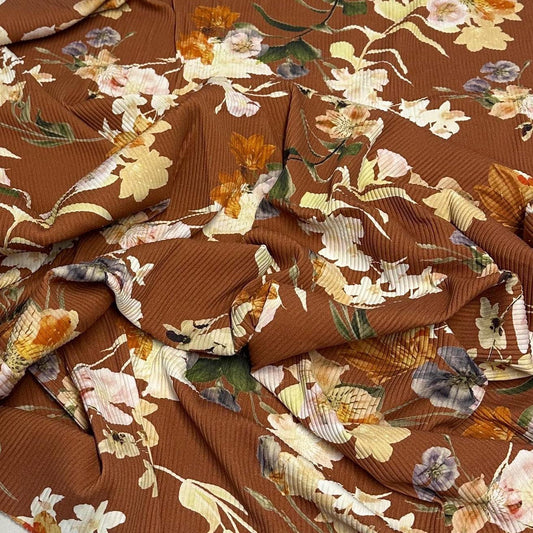 4 Way Stretch Print Rib Nylon Spandex Fabric By The Yard Tricot Swim Wear Bikini Active Wear Rust Floral Flower