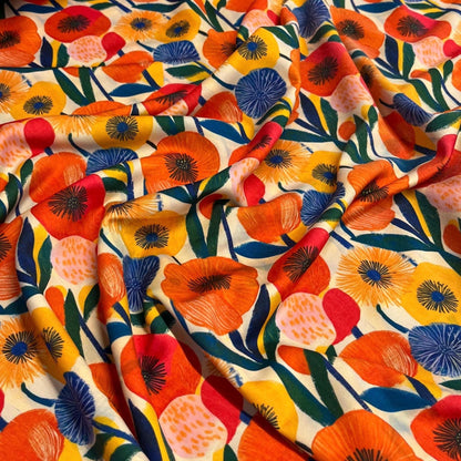 4 Way Stretch Print Spandex Fabric By The Yard Tricot Swim Wear Bikini Abstract Vibrant Bold Multicolor Floral Orange Red Flower