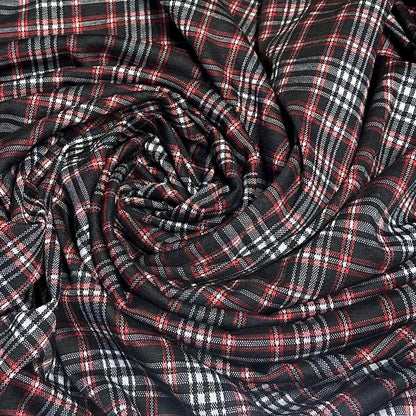 2 Way Stretch Double Knit Black  Red Plaid Polyester Spandex Fabric By The Yard Grey Black