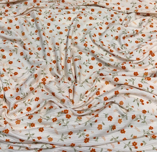 DBP 4x2 Rib Knit Mini Flower Double Brushed Polyester Spandex Vintage Ditsy Daisy Floral Monotone Cream Coral Fabric By The Yard