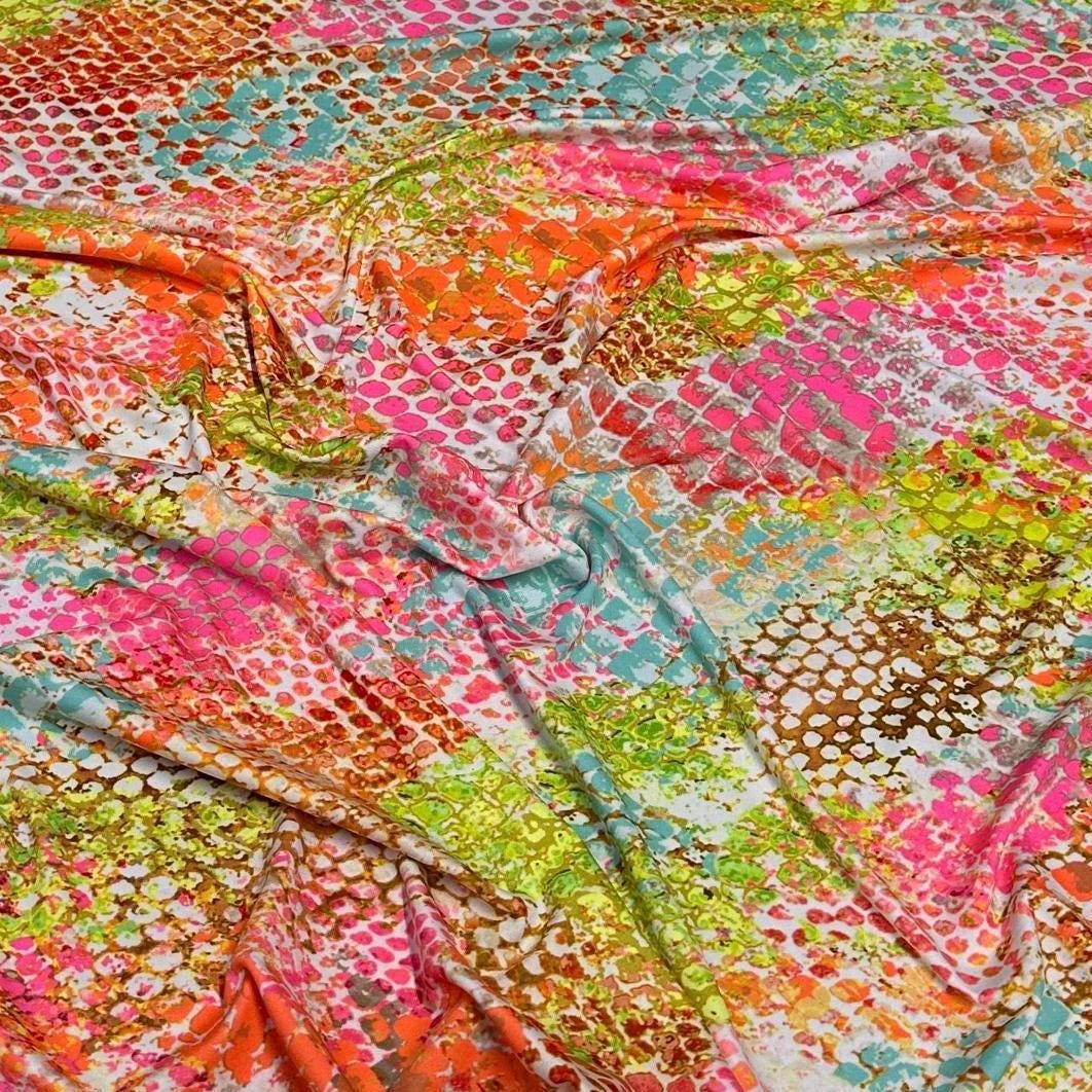 4 Way Stretch Print Nylon Spandex Fabric By The Yard Tricot Swim Wear Bikini Active Wear Snake Skin Reptile Anaconda Bright Mulitcolor Neon