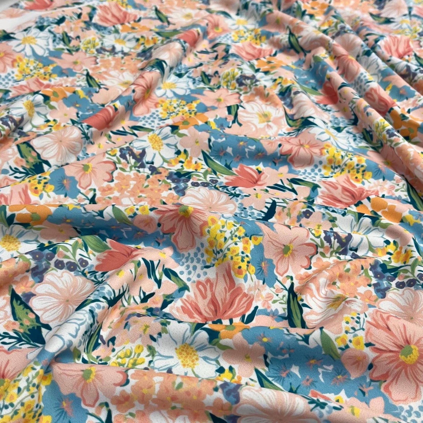 4 Way Stretch Print Nylon Spandex Fabric By The Yard Tricot Swim Wear Bikini Active Wear Floral Vinatge Daisy Floral Multicolor Blue Salmon