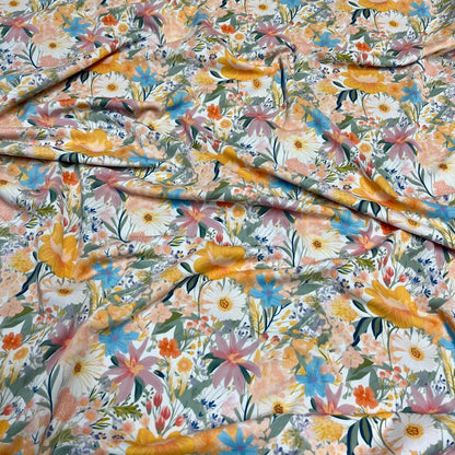 4 Way Stretch Print Nylon Spandex Fabric By The Yard Tricot Swim Wear Bikini Active Wear Floral Vinatge Floral Daisy Multicolor White Yellow
