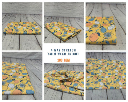 4 Way Stretch Print Spandex Fabric By The Yard Tricot Swim Wear Bikini Abstract Fruit Boho Floral Lemon 280 GSM