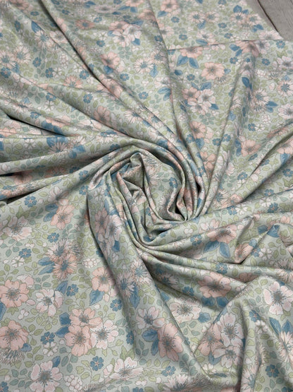 4 Way Stretch Tricot Print Spandex Fabric By The Yard Tricot Swim Wear Bikini Soft Pastel Small Ditsy Flower Foral Sage Rose Daisy