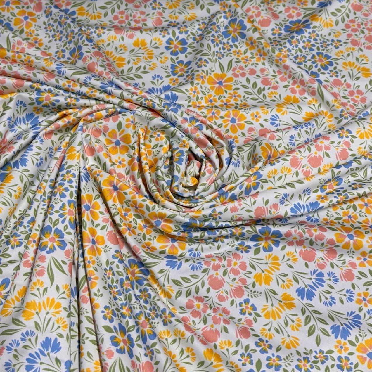 4 Way Stretch Print Nylon Spandex Fabric By The Yard Tricot Swim Wear Bikini Active Wear Mini Multicolor  Floral Daisy  Blue 260 GSM