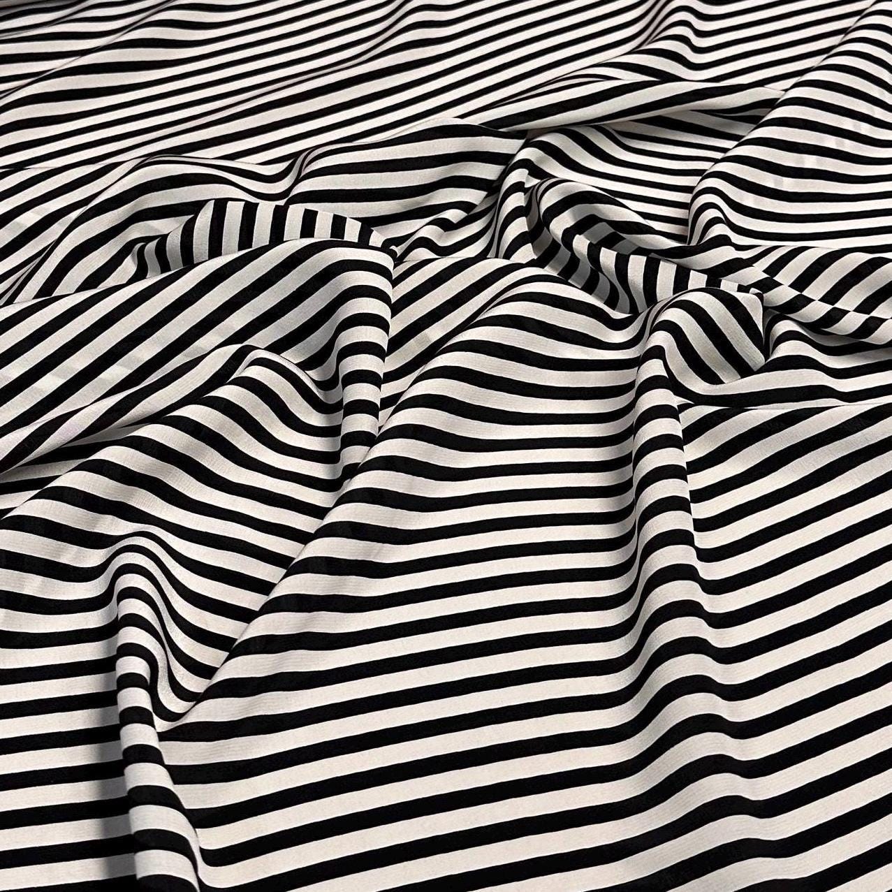 100% Silk Crepe De Chine CDC Stripe Silk Fabric By The Yard Black White 45 inch