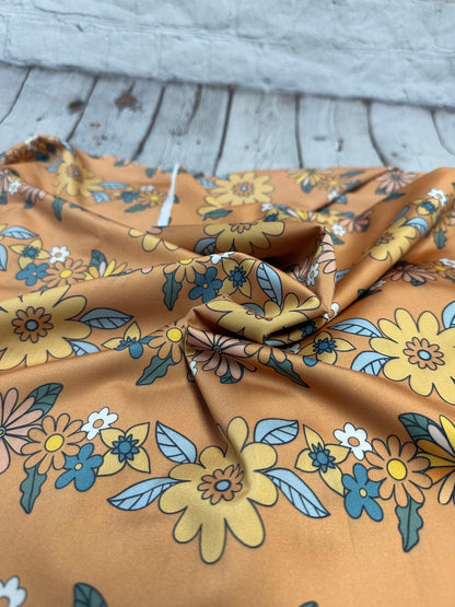 4 Way Stretch Print Nylon Spandex Fabric By The Yard Tricot Swim Wear Bikini Active Wear Boho Abstract Floral 70s Retro Vintage Rust 280 GSM