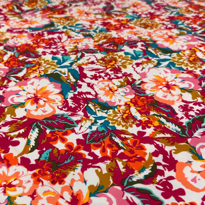 4 Way Stretch Print Nylon Spandex Fabric By The Yard Tricot Swim Wear Bikini Active Wear Multicolor Floral Flower Leaf Teal Fuchsia