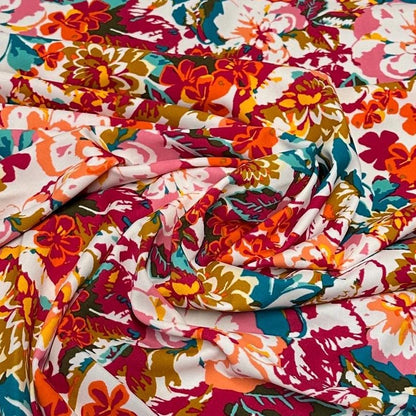 4 Way Stretch Print Nylon Spandex Fabric By The Yard Tricot Swim Wear Bikini Active Wear Multicolor Floral Flower Leaf Teal Fuchsia