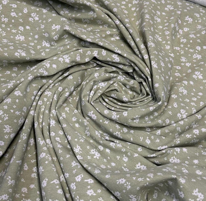Cotton Spandex Sage White Ditsy Small Floral Print Fabric By The Yard Mini Flower Print