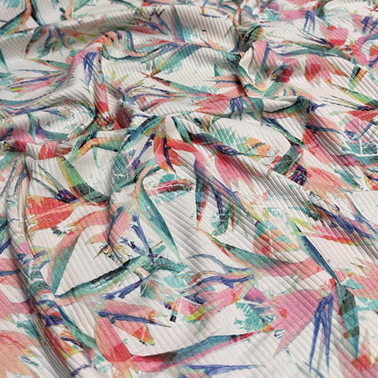 4 Way Stretch Print Rib Nylon Spandex Fabric By The Yard Tricot Swim Wear Bikini Active Wear Bird of Paradise Leaf Tropical Tree
