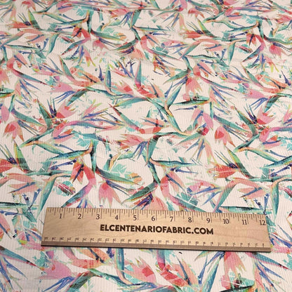 4 Way Stretch Print Rib Nylon Spandex Fabric By The Yard Tricot Swim Wear Bikini Active Wear Bird of Paradise Leaf Tropical Tree