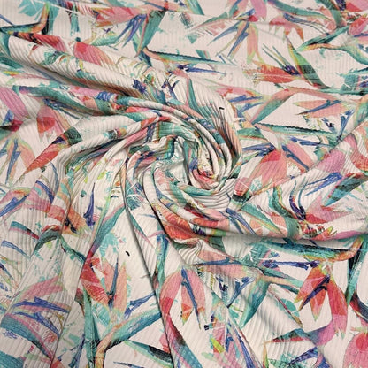 4 Way Stretch Print Rib Nylon Spandex Fabric By The Yard Tricot Swim Wear Bikini Active Wear Bird of Paradise Leaf Tropical Tree