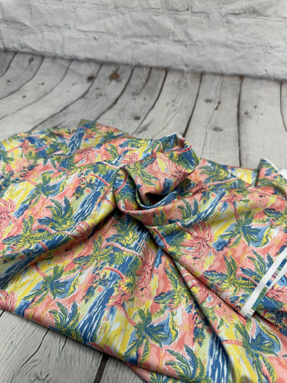 4 Way Stretch Print Spandex Fabric By The Yard Tricot Swim Wear Bikini Tropical  Pink Palm Tree Ocean Leaves 280 GSM