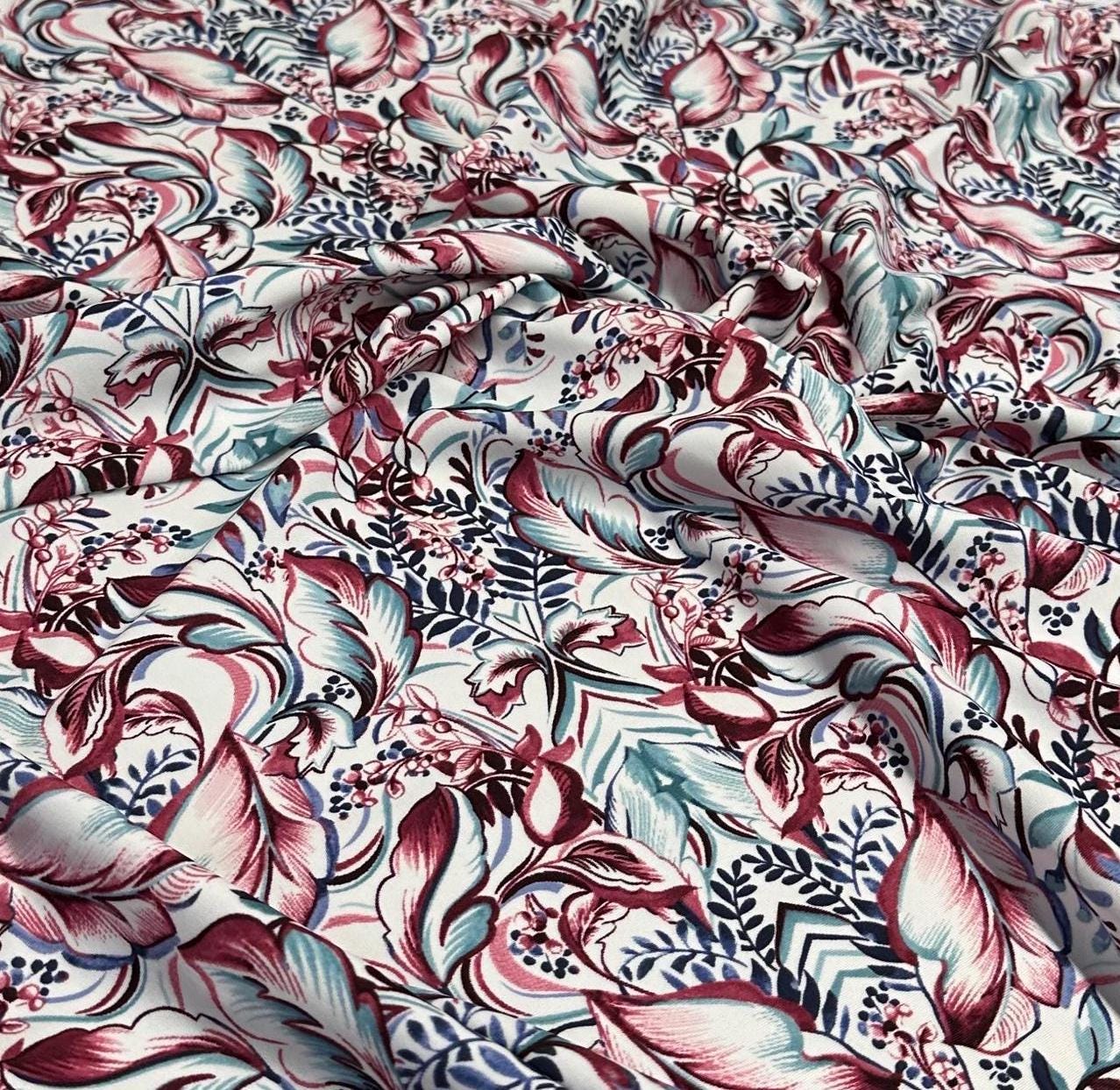 4 Way Stretch Print Nylon Spandex Fabric By The Yard Tricot Swim Wear Bikini Active Wear Floral Flower Leaf Teal Wine