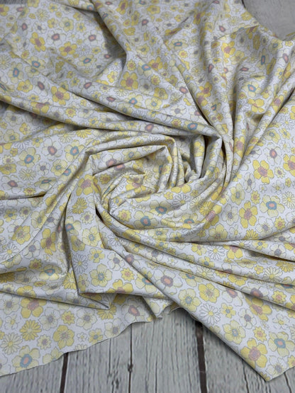 4 Way Stretch Tricot Print Spandex Fabric By The Yard Tricot Swim Wear Bikini Soft Pastel Small Ditsy Flower Foral Yellow Banana Daisy