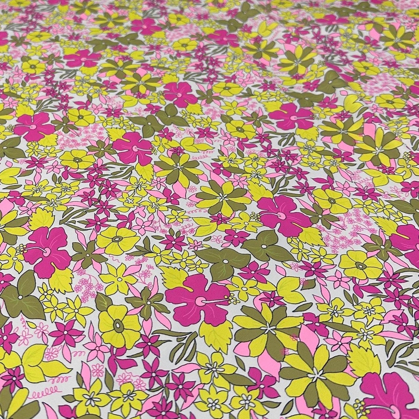 4 Way Stretch Print Nylon Spandex Fabric By The Yard Tricot Swim Wear Bikini Active Wear Yellow Multicolor Daisy 70s Retro Vintage