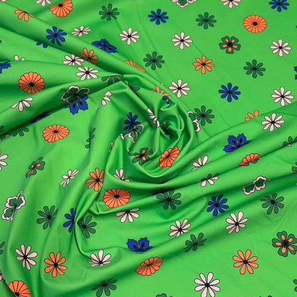4 Way Stretch Print Nylon Spandex Fabric By The Yard Tricot Swim Wear Bikini Active Wear Green Ditsy Flower Daisy Floral