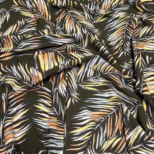 4 Way Stretch Print Nylon Spandex Fabric By The Yard Tricot Swim Wear Bikini Active Wear Tropical Leaf Floral Flower Olive Yellow