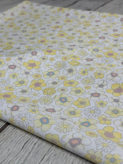 4 Way Stretch Tricot Print Spandex Fabric By The Yard Tricot Swim Wear Bikini Soft Pastel Small Ditsy Flower Foral Yellow Banana Daisy