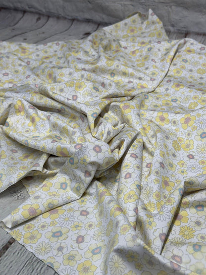 4 Way Stretch Tricot Print Spandex Fabric By The Yard Tricot Swim Wear Bikini Soft Pastel Small Ditsy Flower Foral Yellow Banana Daisy