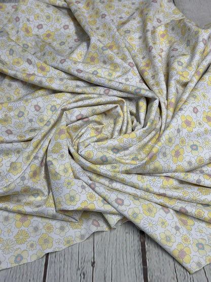 4 Way Stretch Tricot Print Spandex Fabric By The Yard Tricot Swim Wear Bikini Soft Pastel Small Ditsy Flower Foral Yellow Banana Daisy