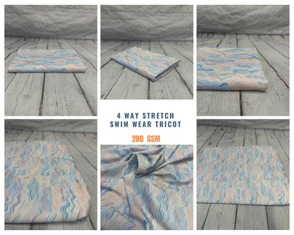 4 Way Stretch Print Spandex Fabric By The Yard Tricot Swim Wear Bikini Pastel Mini Multi Color Hazy Wave 280 GSM
