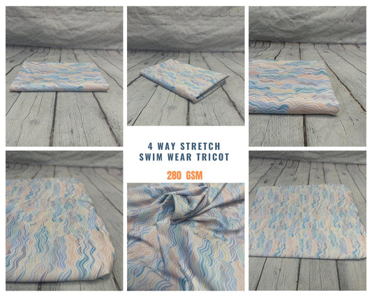 4 Way Stretch Print Spandex Fabric By The Yard Tricot Swim Wear Bikini Pastel Mini Multi Color Hazy Wave 280 GSM