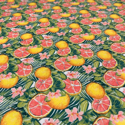 4 Way Stretch Print Spandex Fabric By The Yard Tricot Swim Wear Bikini Tropical Grapefruit  Lemon Fruit  Floral Leaves