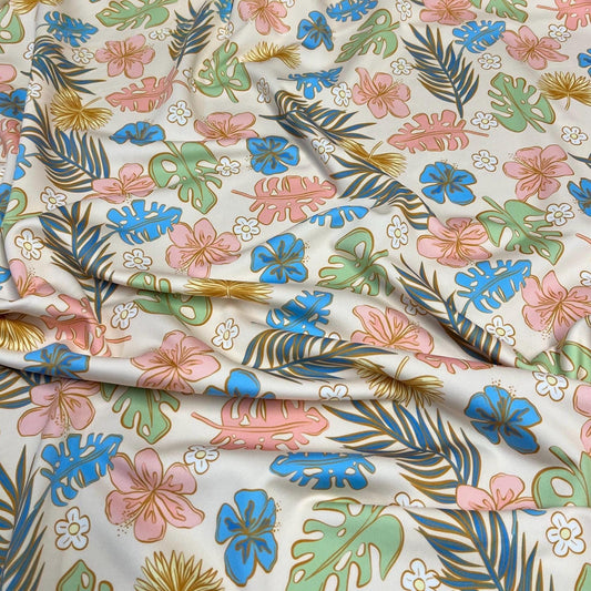 4 Way Stretch Print Spandex Fabric By The Yard Tricot Swim Wear Bikini Abstract Hibiscus Flower  Tropical Leaf Floral Denim Coral