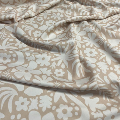4 Way Stretch Print Spandex Fabric By The Yard Tricot Swim Wear Bikini Abstract Hibiscus Flower Tropical Leaf Floral Nude Beige