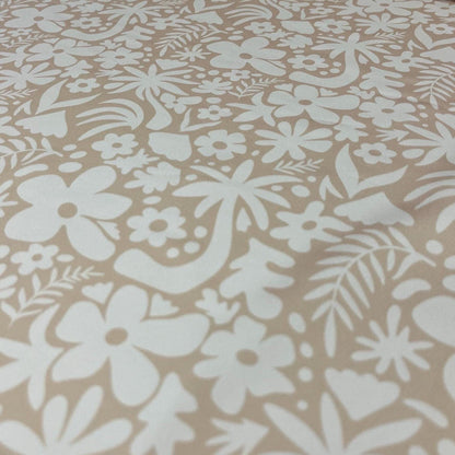 4 Way Stretch Print Spandex Fabric By The Yard Tricot Swim Wear Bikini Abstract Hibiscus Flower Tropical Leaf Floral Nude Beige