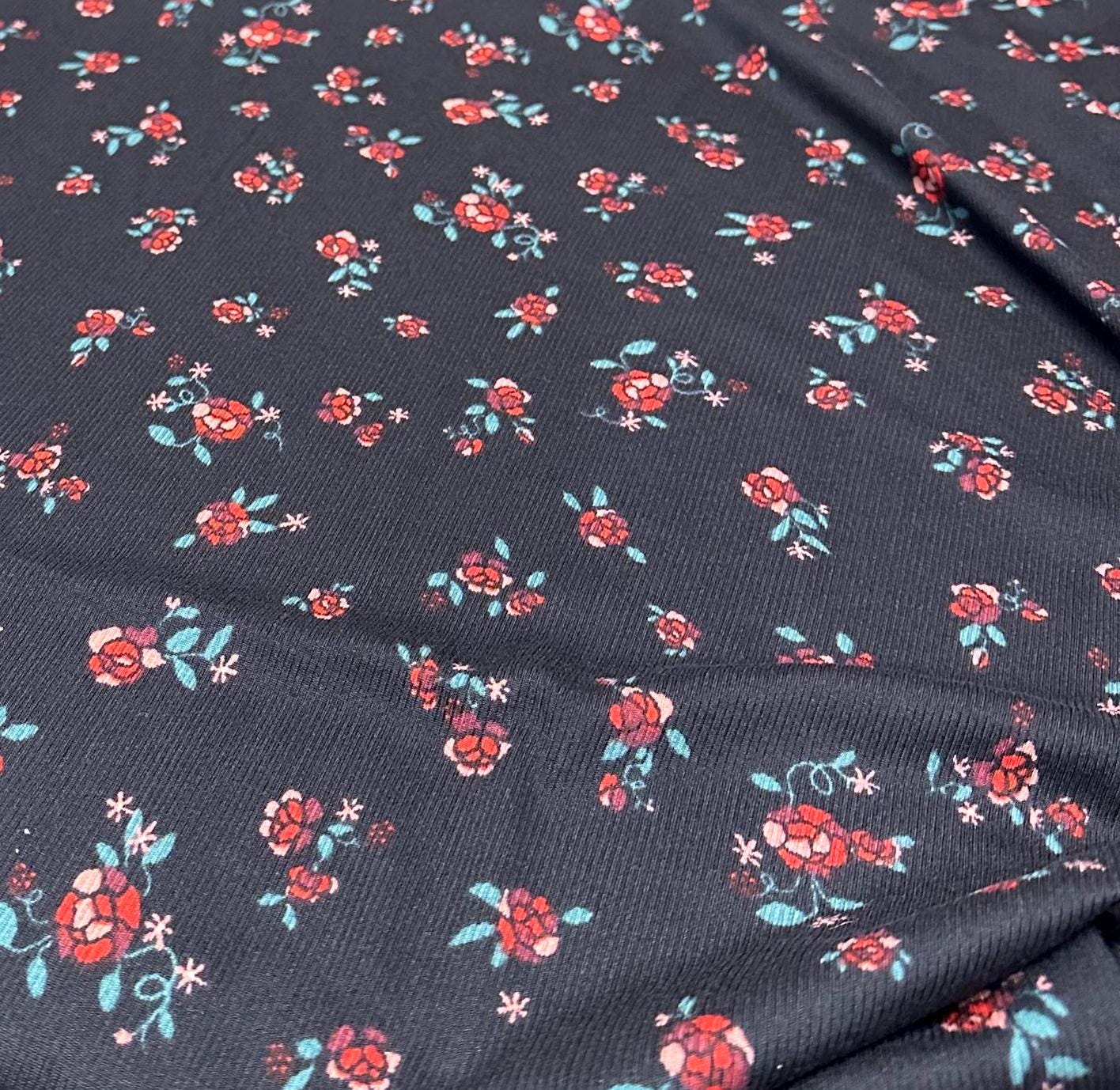 DBP 4x2 Rib Knit Mini Flower Double Brushed Polyester Spandex Vintage Ditsy Daisy Floral Monotone Black Red Fabric By The Yard