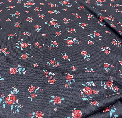 DBP 4x2 Rib Knit Mini Flower Double Brushed Polyester Spandex Vintage Ditsy Daisy Floral Monotone Black Red Fabric By The Yard