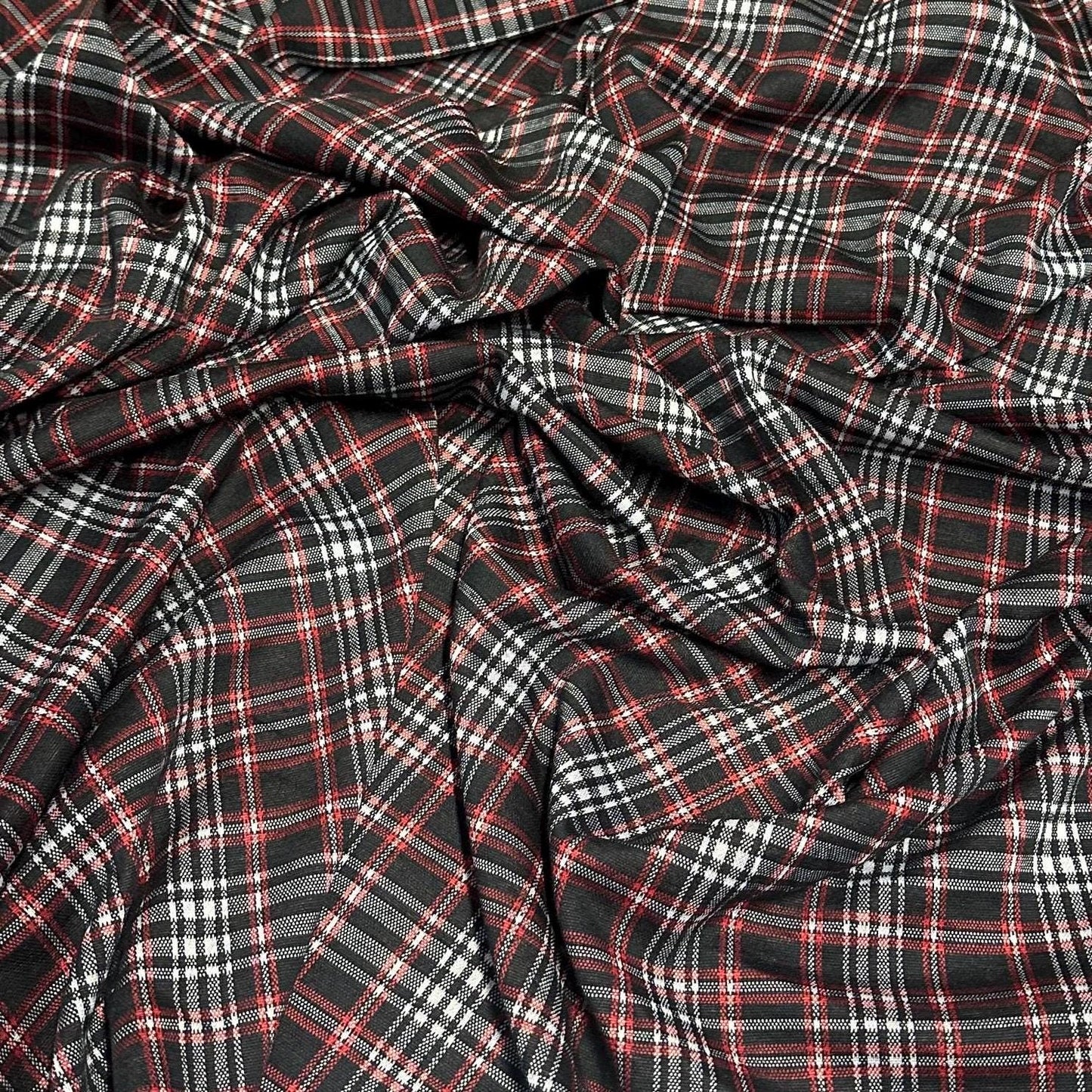 2 Way Stretch Double Knit Black  Red Plaid Polyester Spandex Fabric By The Yard Grey Black