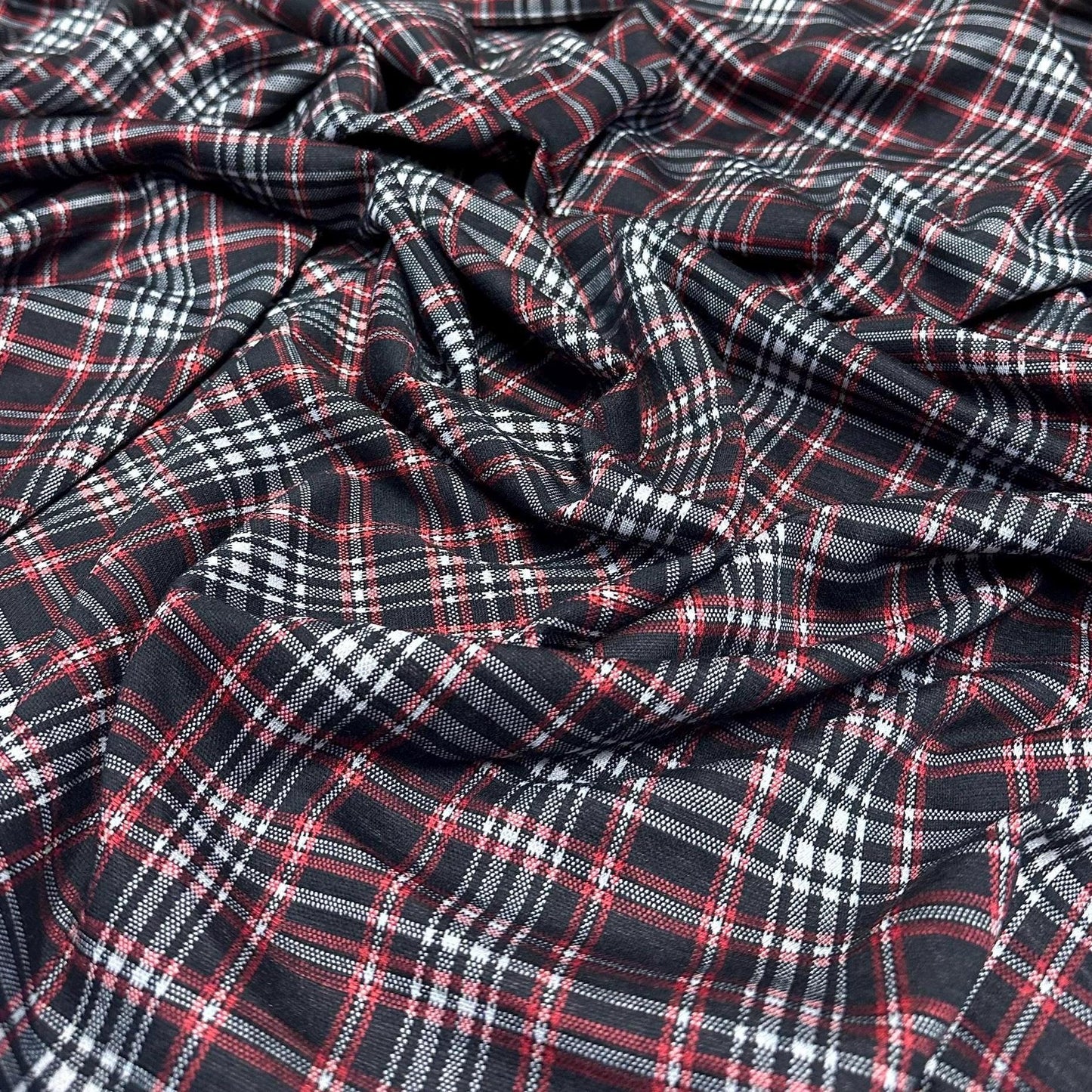 2 Way Stretch Double Knit Black  Red Plaid Polyester Spandex Fabric By The Yard Grey Black