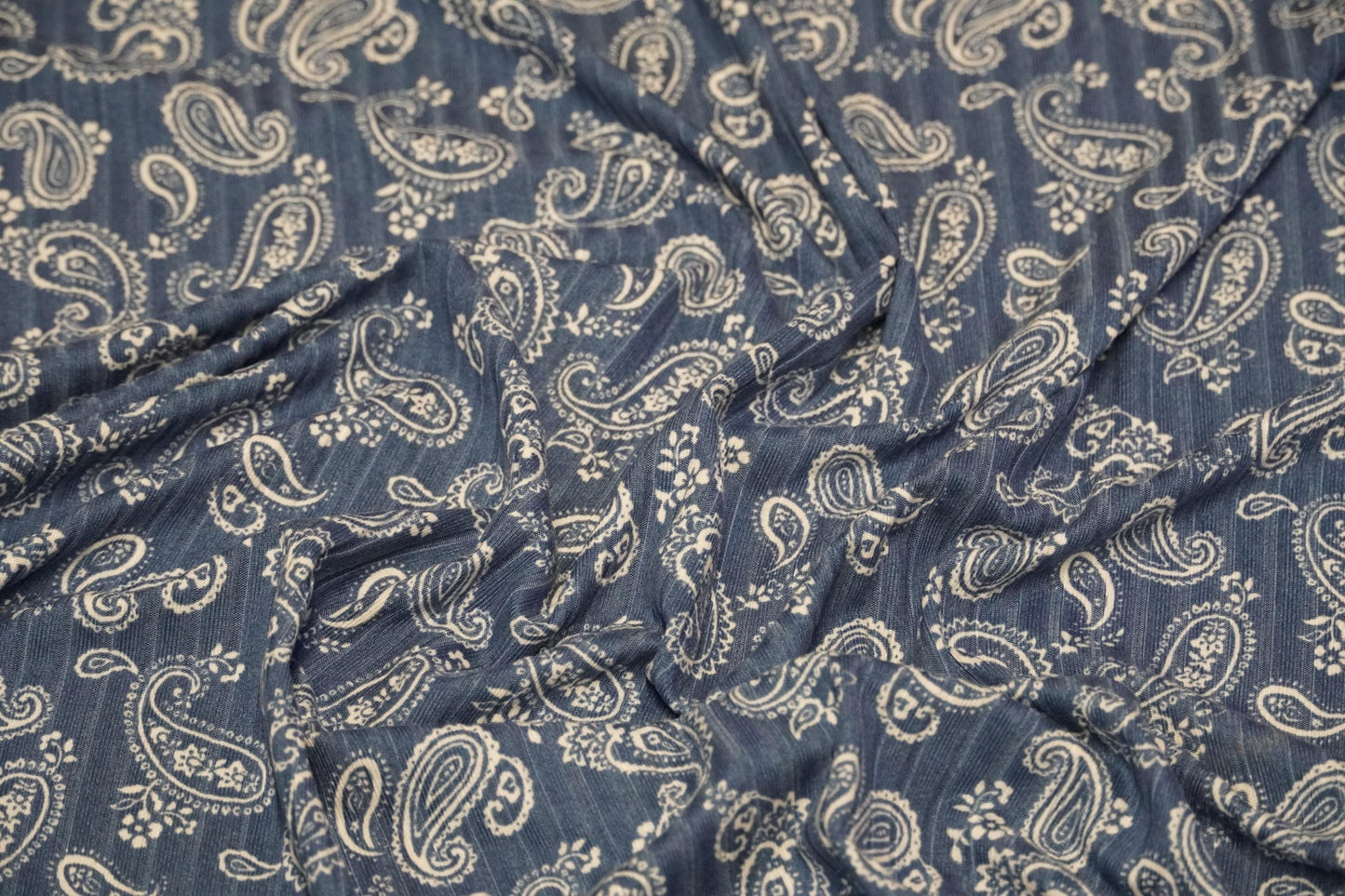 DBP 8x2 Rib Knit Paisley Double Brushed Polyester Spandex Vintage Bandana Monotone Denim Fabric By The Yard